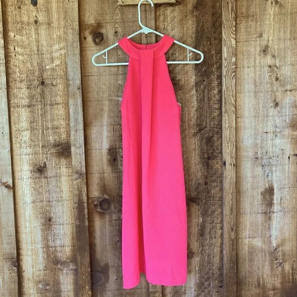 Trina Turk Grove Halter Mock Neck Pleated Shift Mini Dress in Bright Pink